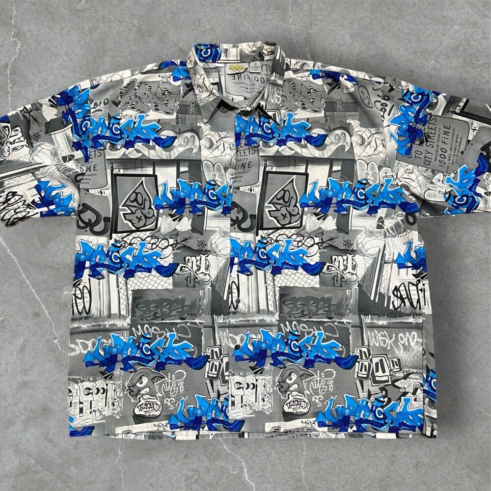 Up Ro's Vintage Y2K Baggy Los Angeles Graffiti AOP Button Up Shirt Mens Size 3XL